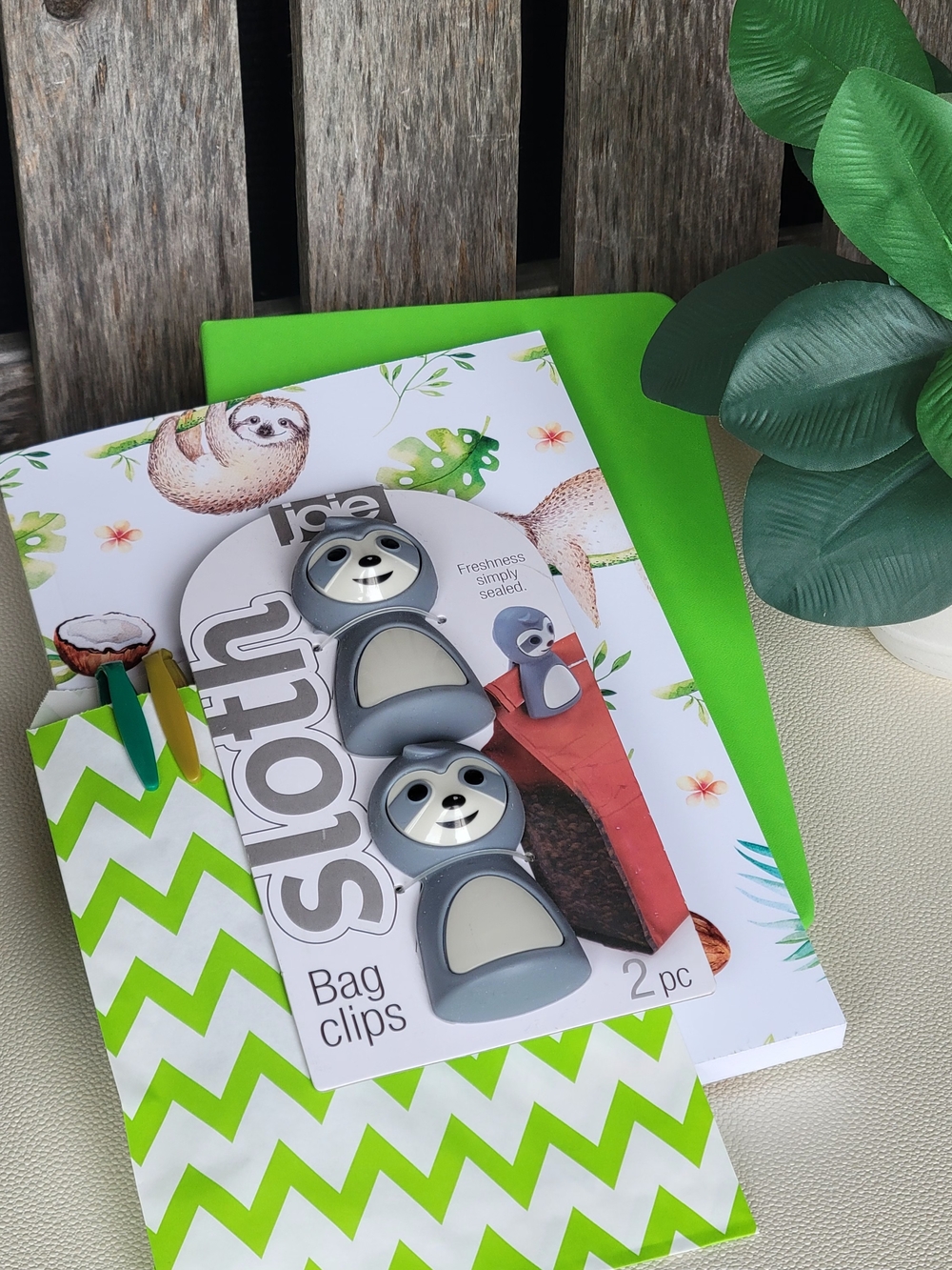 Sloth Pattern Notebook, Green Journal, Sharpies, Gray Sloth Bag Clips – 2-Pack - Picture 2 of 3